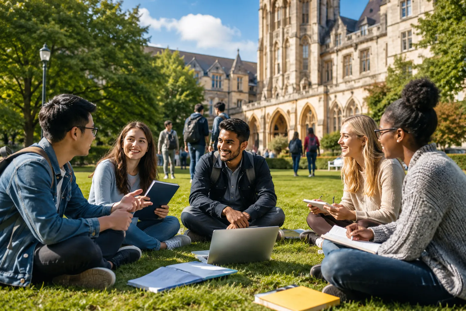 International students studying together at a university campus