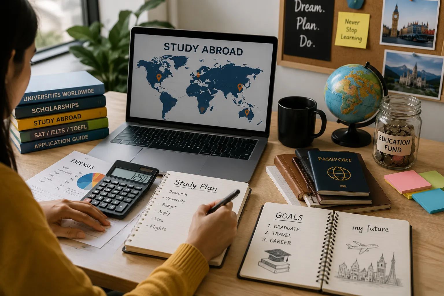 Student planning study abroad tuition fees and education expenses