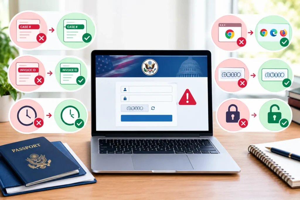 Common DS-260 login errors and solutions shown around a laptop