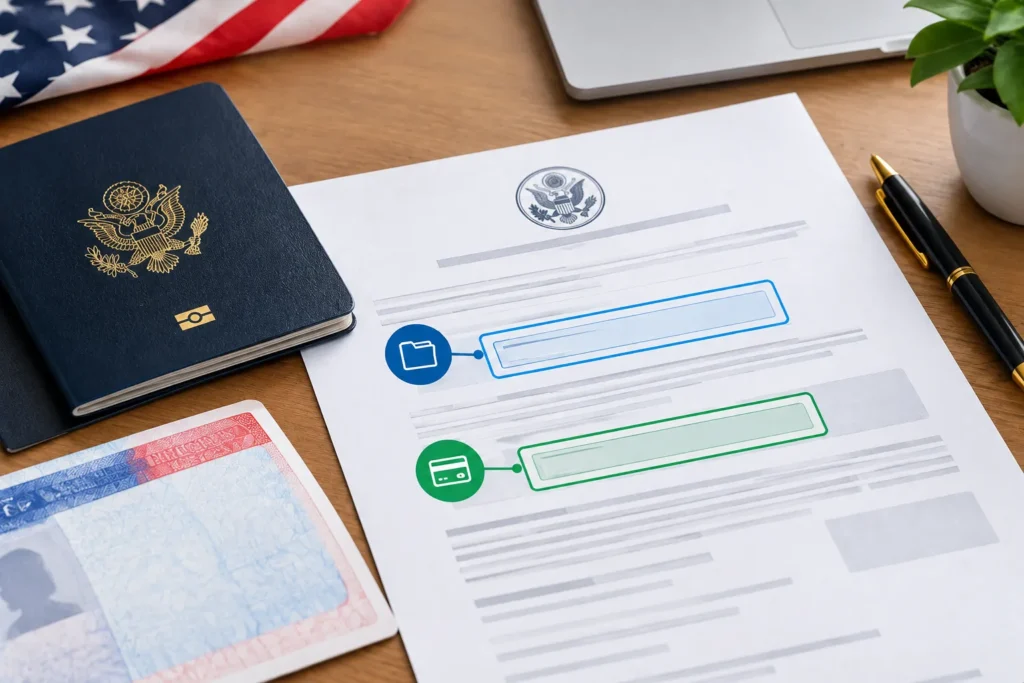 DS-260 case number and invoice ID represented on an immigration document beside a passport