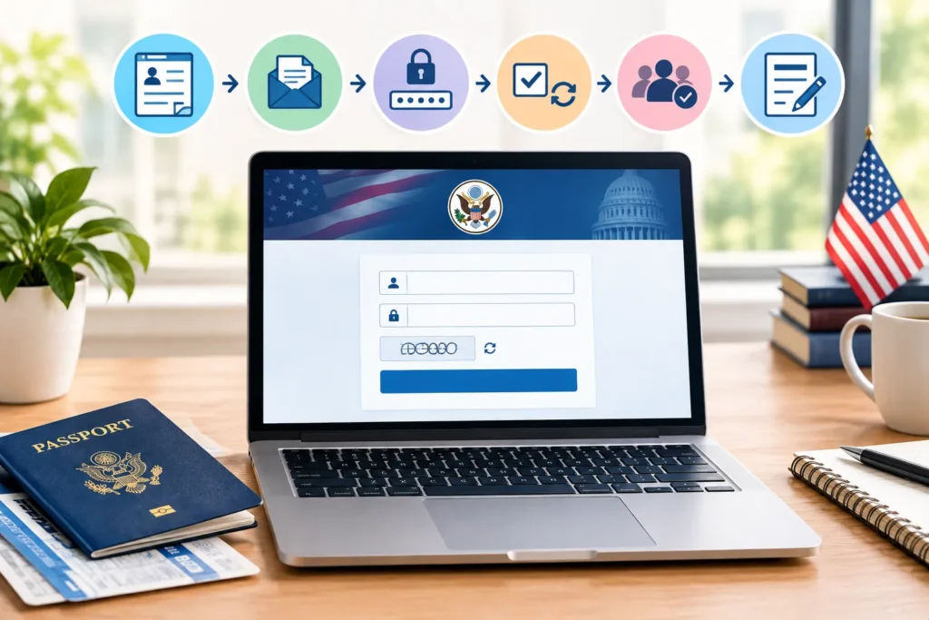 DS-260 login process shown step by step on a laptop with application icons