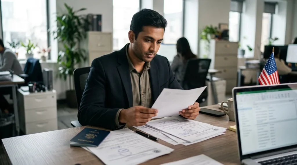 A businessman in a suit sitting in an office workspace, carefully reviewing official U.S. passport and legal immigration paperwork.