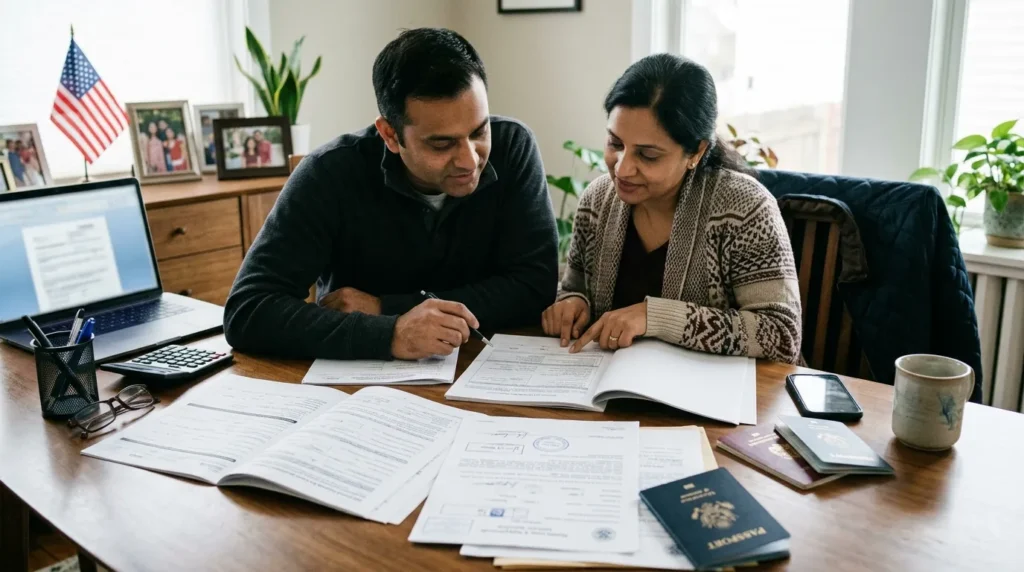 A South Asian couple sitting together at a wooden table reviewing official U.S. immigration application forms and passports.