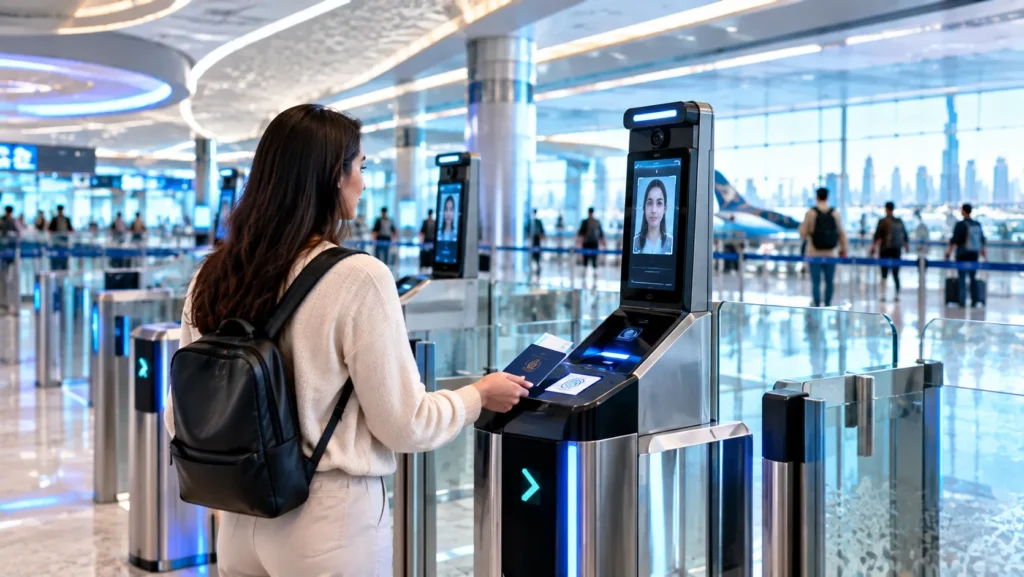 Traveler using a biometric smart gate at Dubai International Airport