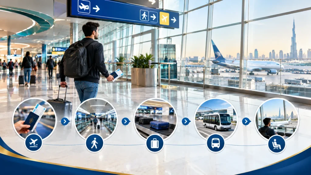Passenger connecting between flights during transit at Dubai International Airport