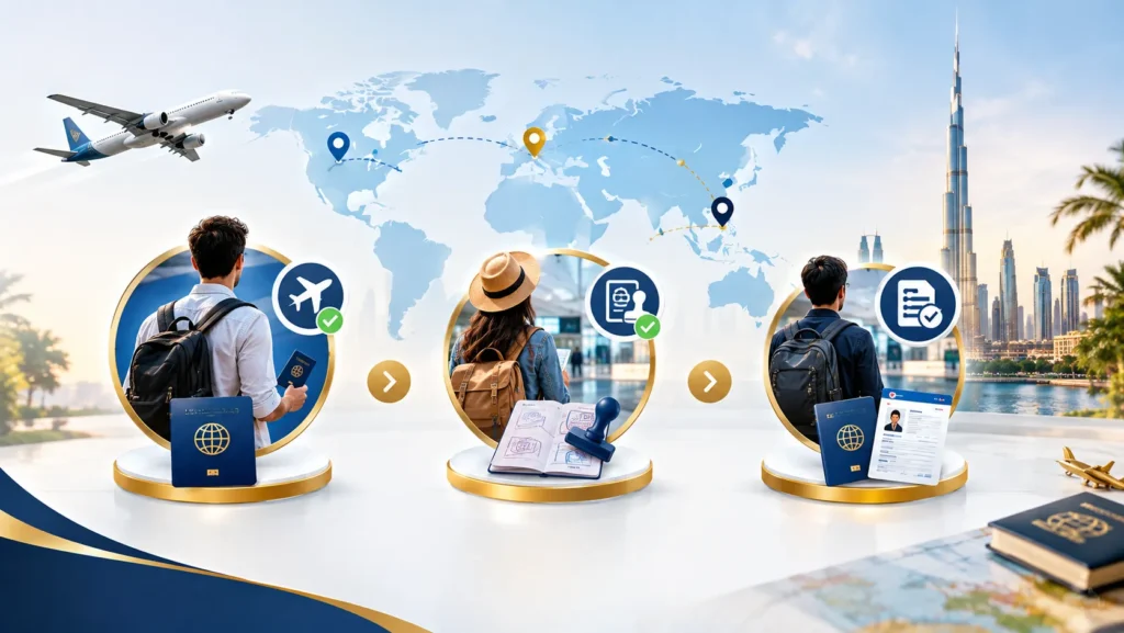 Infographic showing Dubai visa eligibility pathways for international travelers