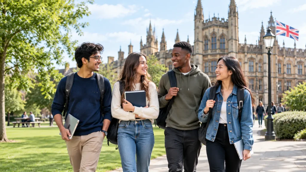 Diverse international students walking on a UK university campus