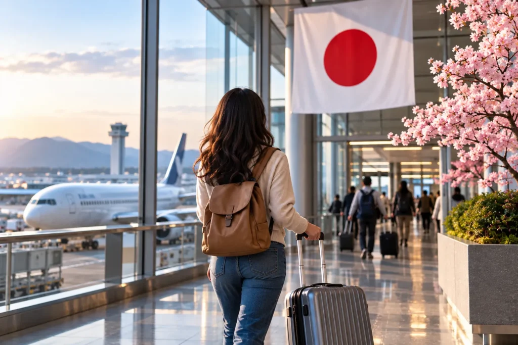 Traveler arriving at a Japanese airport with luggage