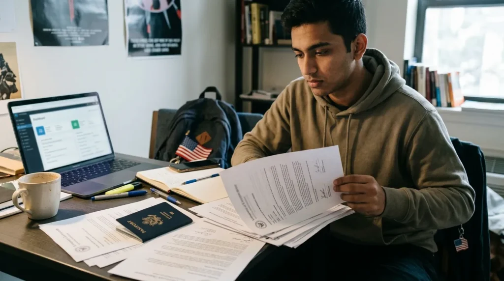 A young South Asian student sitting at a study desk reviewing official university and U.S. visa documents with a laptop open nearby.