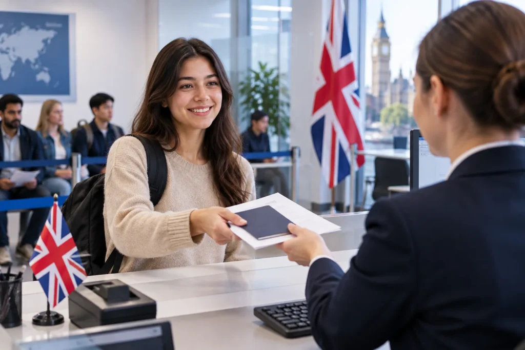 Student submitting documents for a UK student visa application