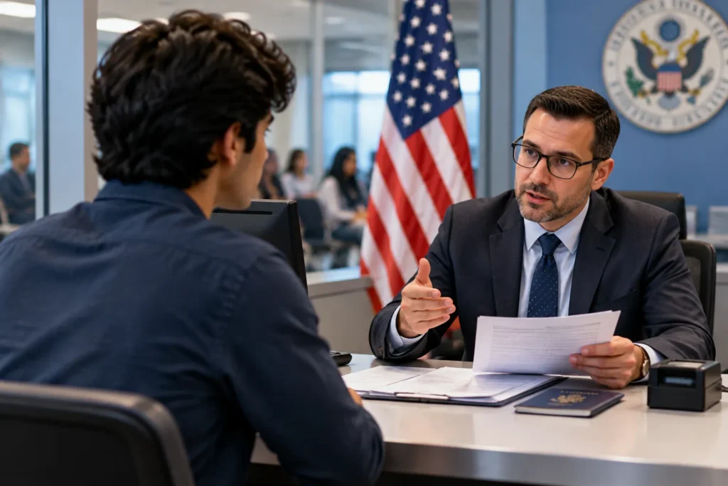 Student attending an interview at a US embassy for study visa approval