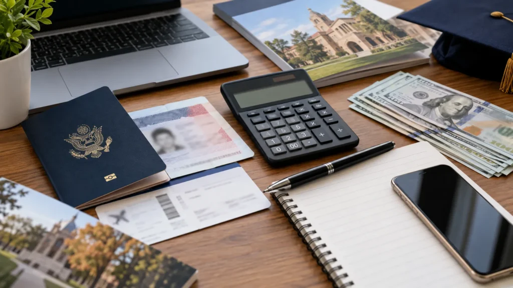 Passport, calculator, money and documents showing USA study visa cost planning