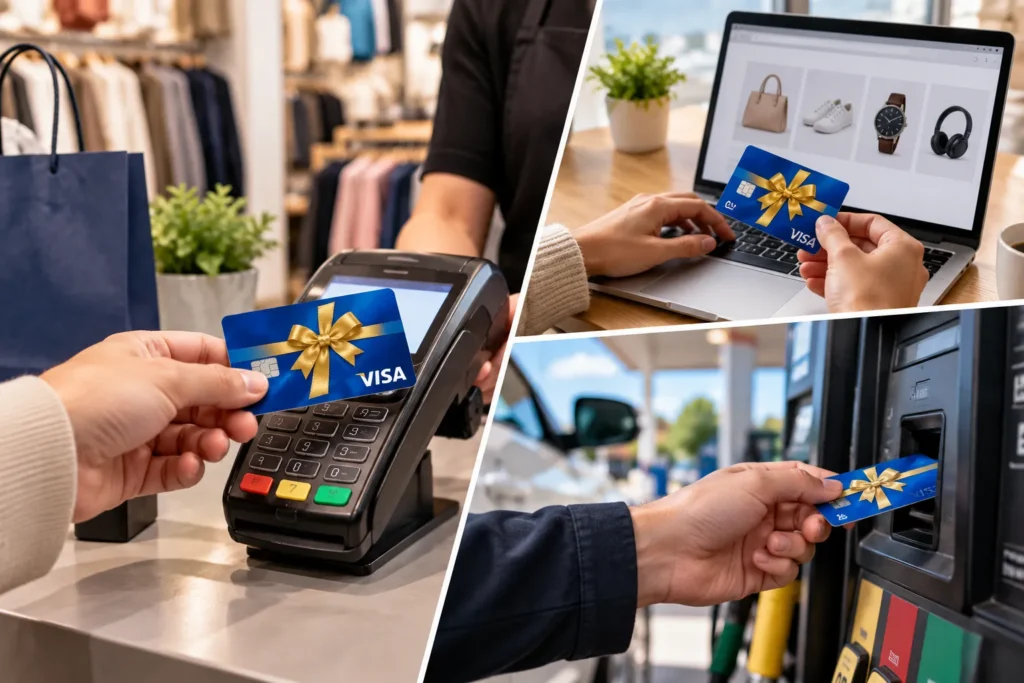 Using a Visa gift card for in-store, online, and gas station purchases