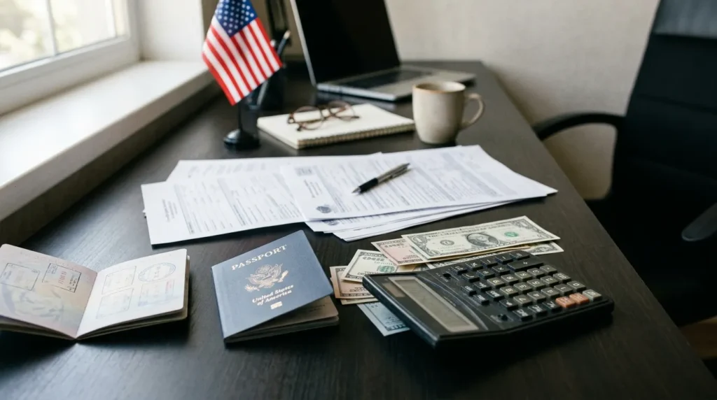 A office desk featuring visa application forms, open U.S. passport, cash bills, a financial calculator, and a small U.S. flag