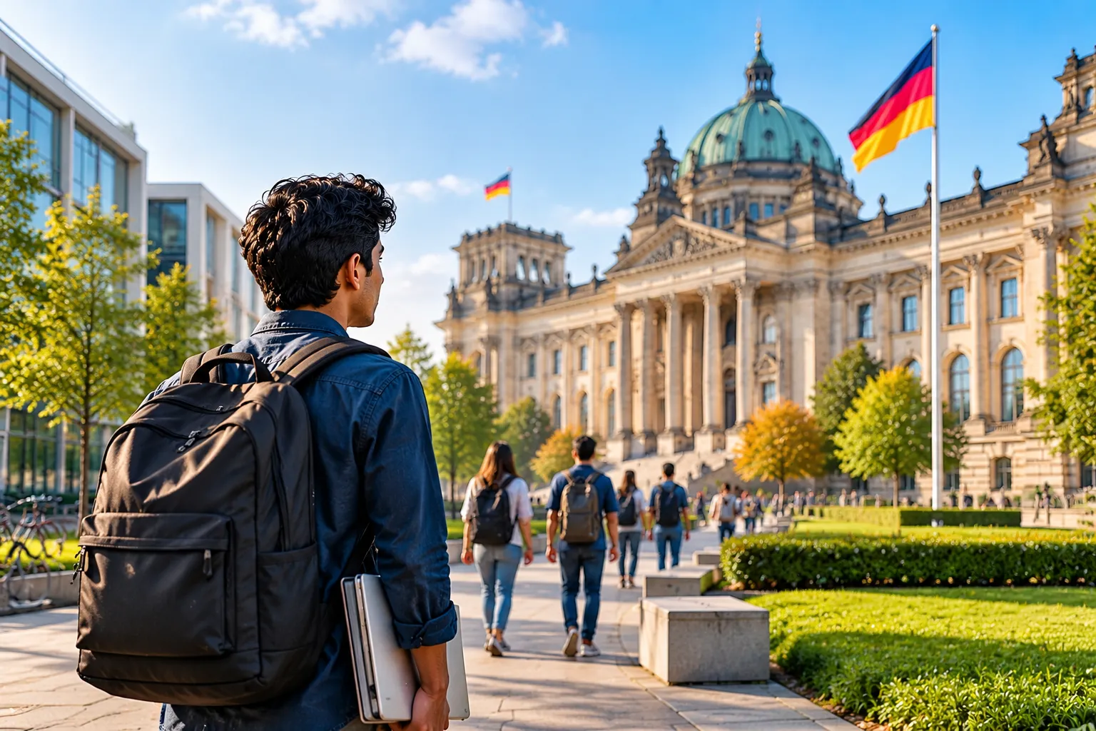 International student walking near a German university campus