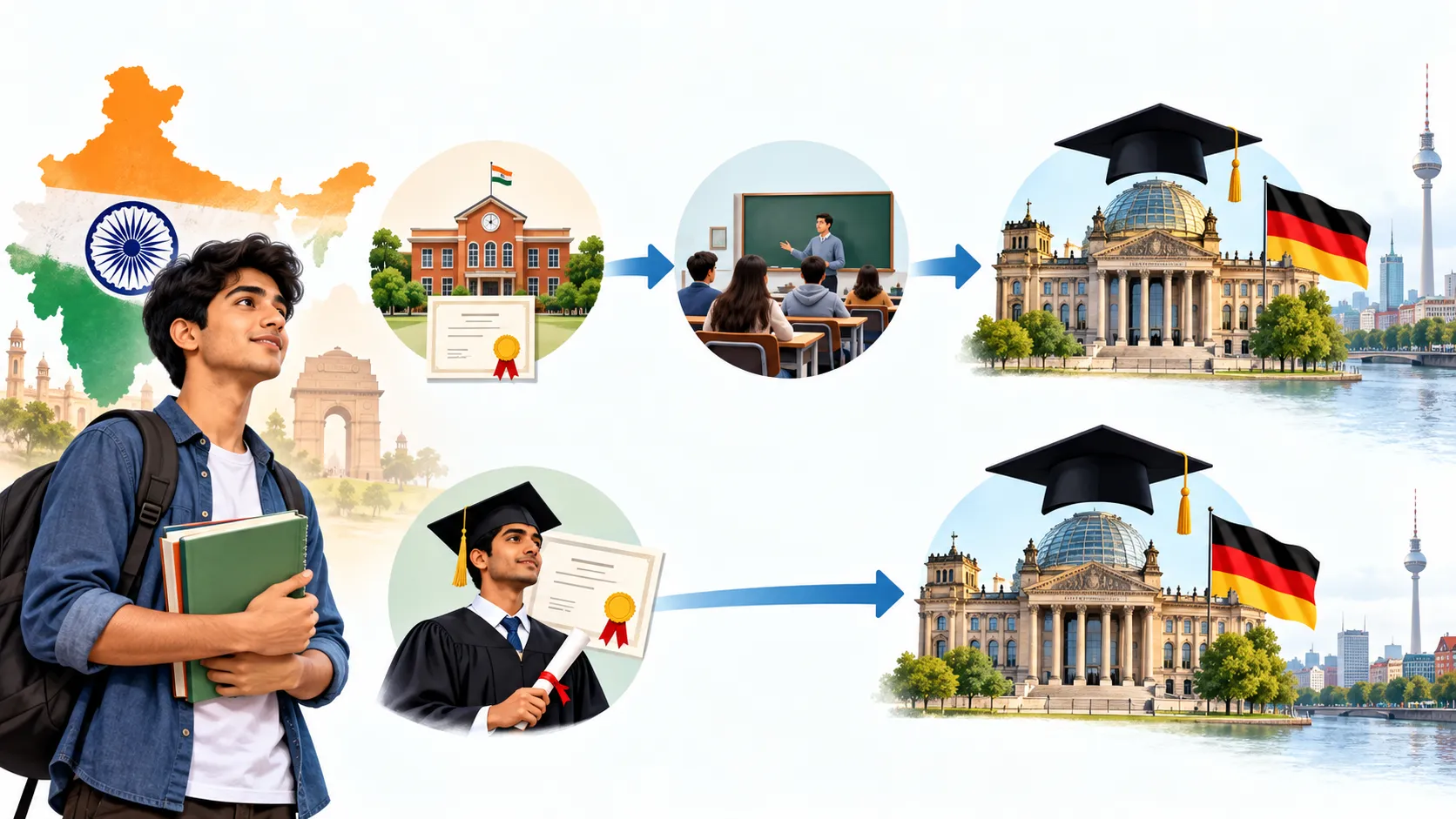 Study pathway showing Indian students moving from school to German university education