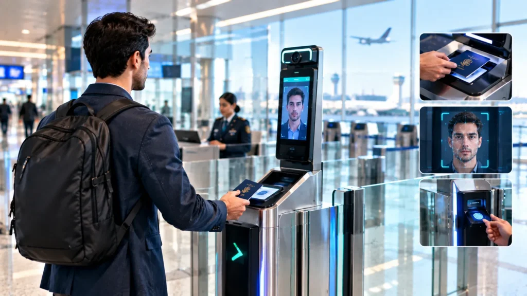 Traveler using biometric immigration technology at an international airport