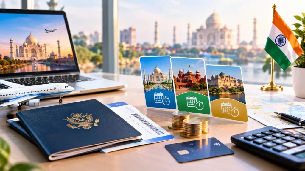 Travel documents and financial items representing Indian visa fees for US citizens